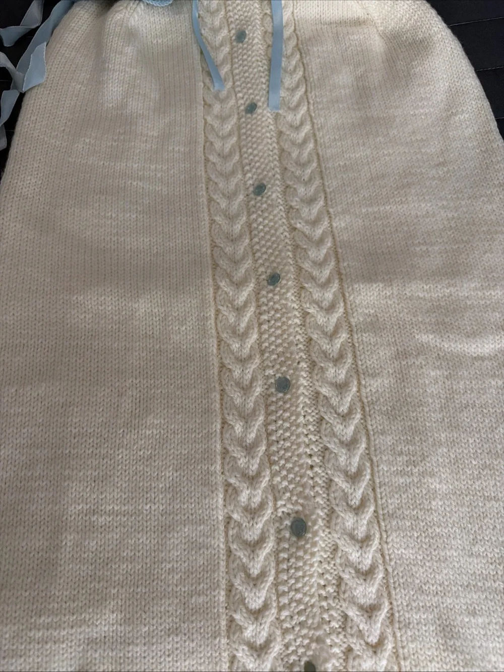 Cream Knit Hooded Baby Snuggler with Light Blue Accents
